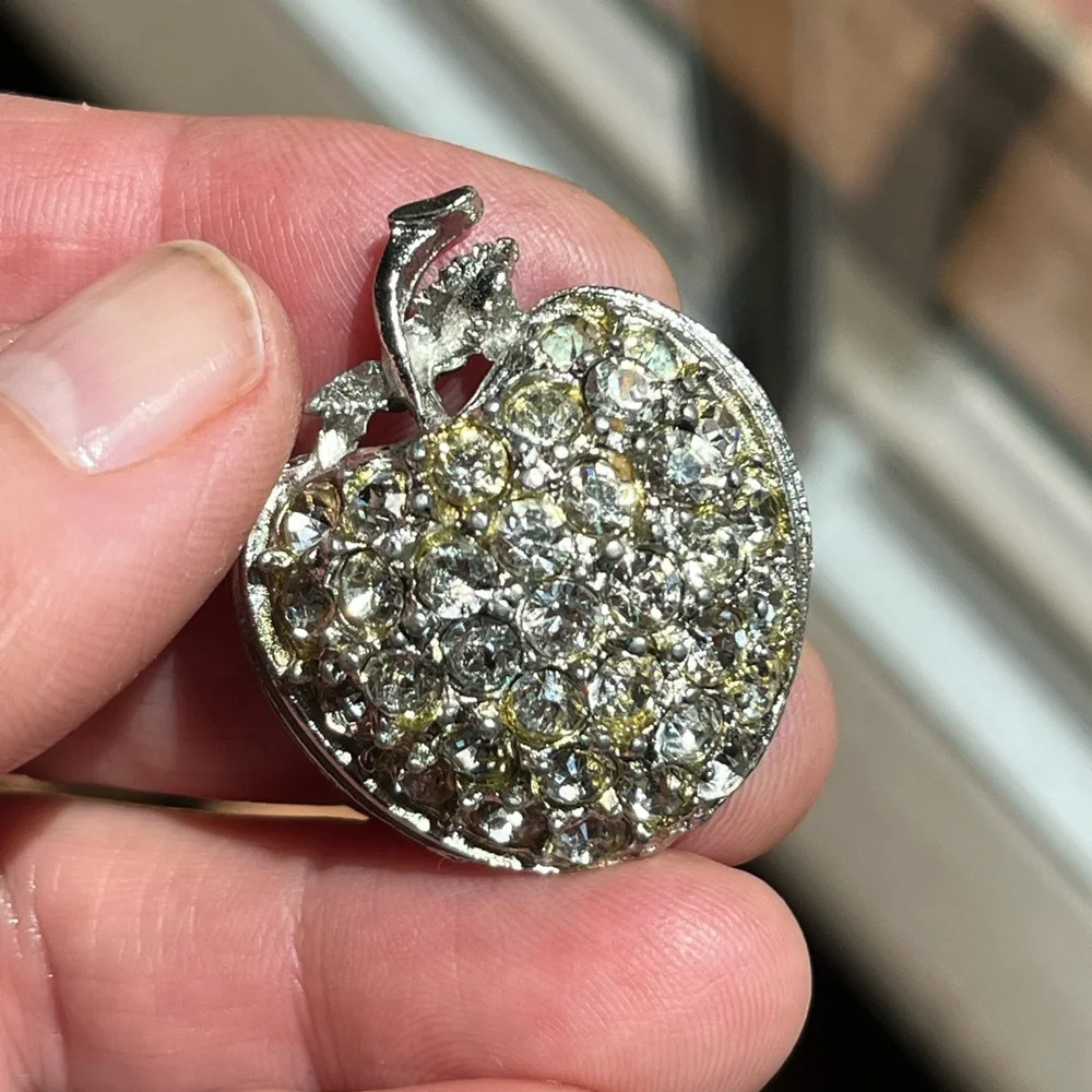 Apple pin brooch rhinestone silver